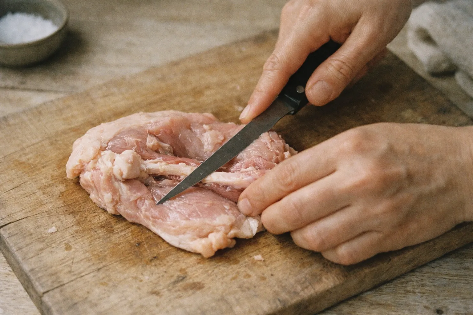 Hands lifting a chicken bone free from the thigh meat