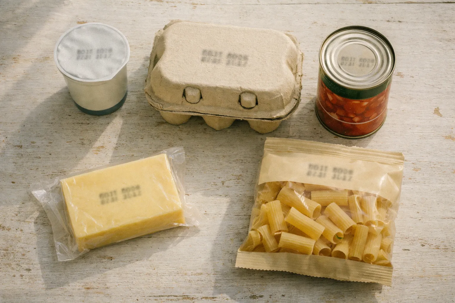 Assorted food packaging with printed date labels arranged on a kitchen counter