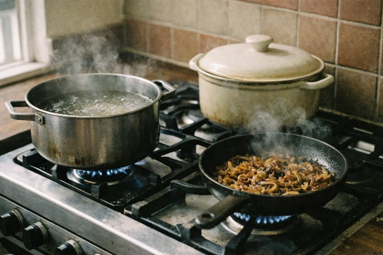 Multiple pots and pans on a hob at different stages of cooking