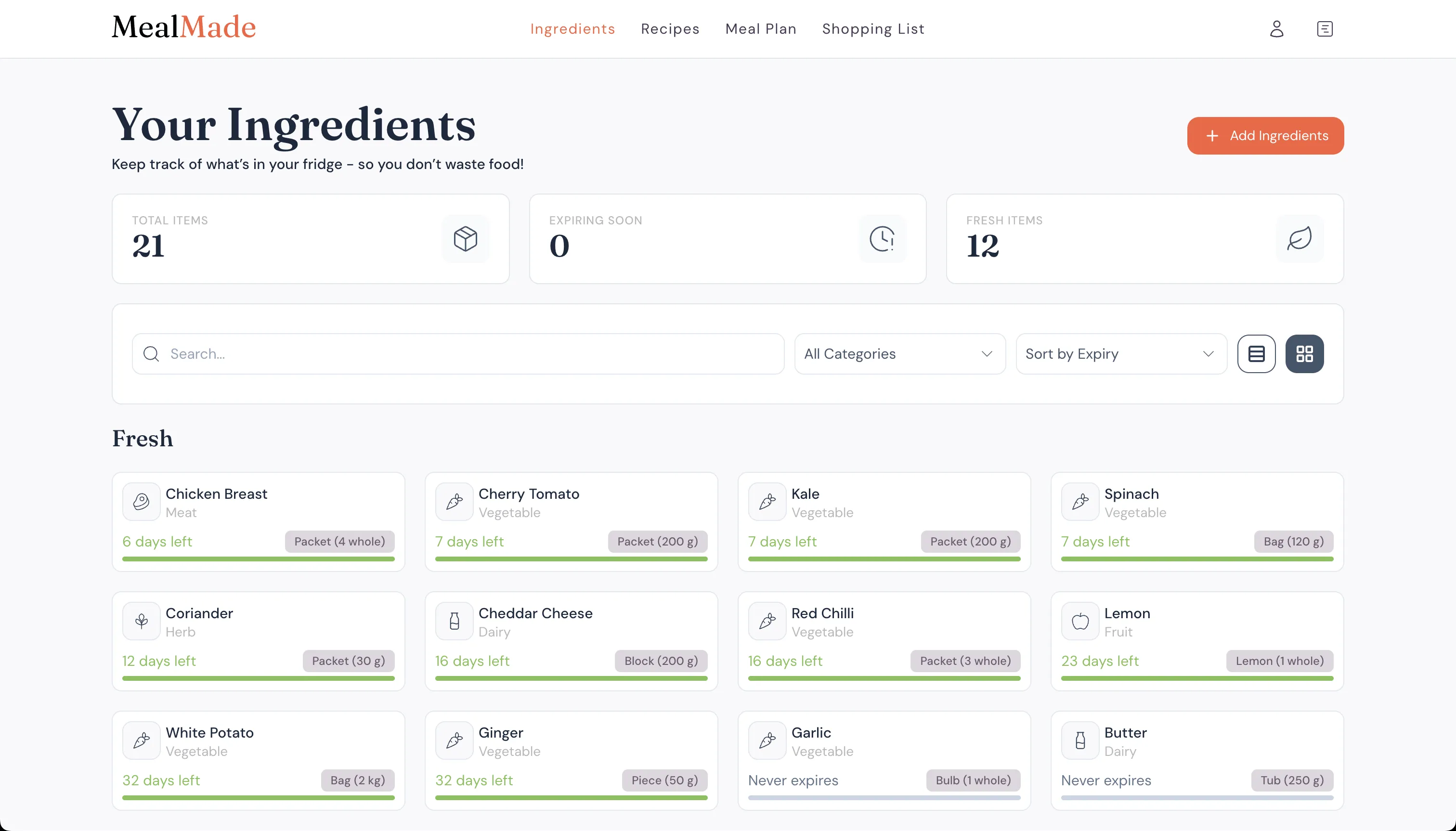 MealMade ingredients screen showing items with expiry status