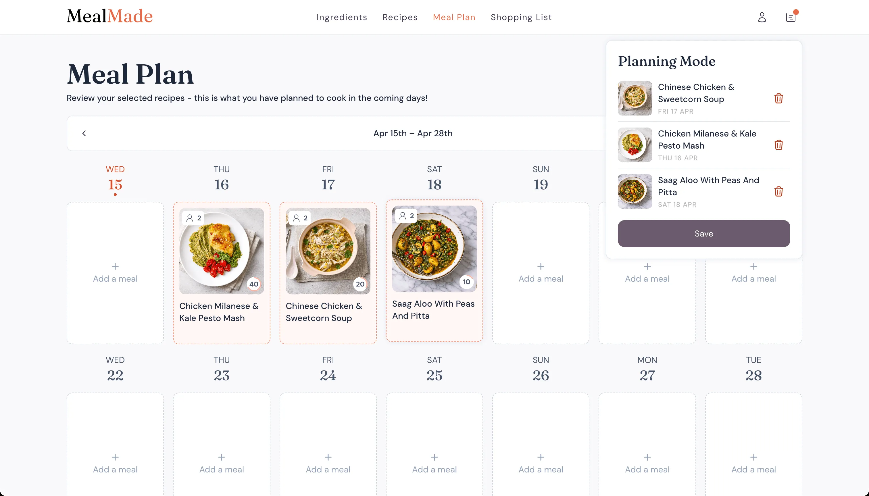 MealMade meal plan screen showing a two-week calendar with recipe images