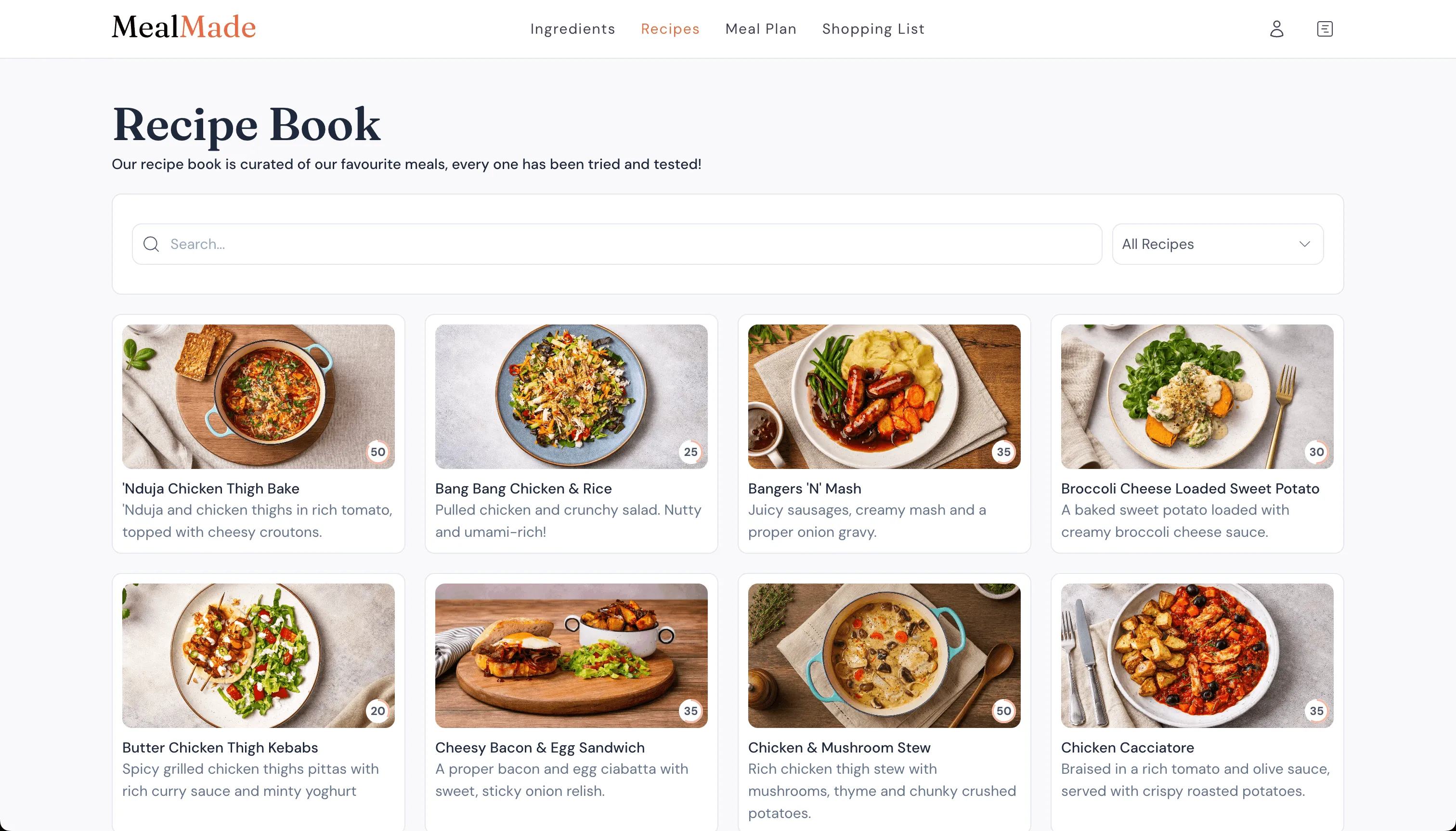 MealMade recipe book screen showing a grid of recipe cards with photos
