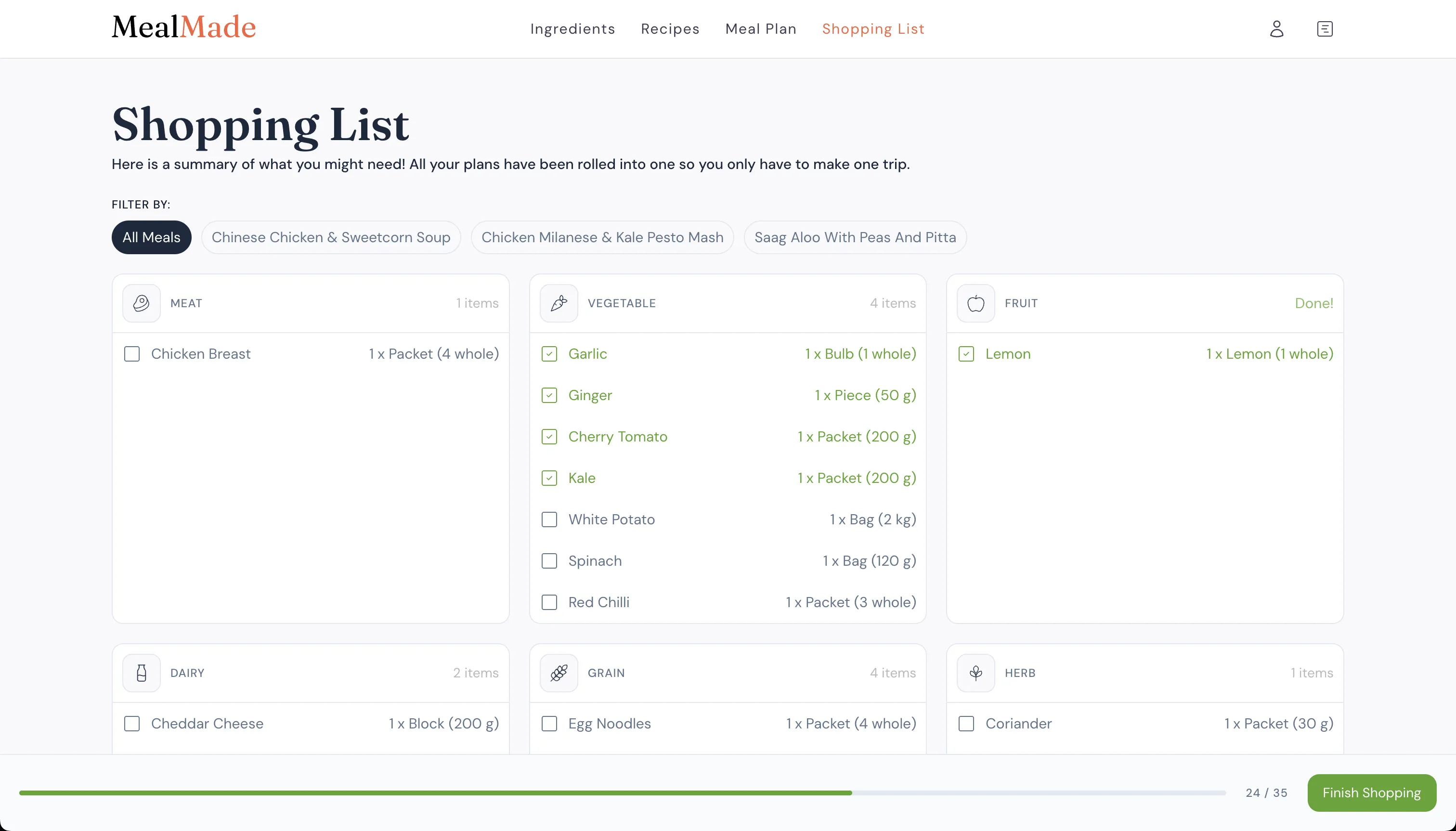 MealMade shopping list screen showing items grouped by category with checkboxes