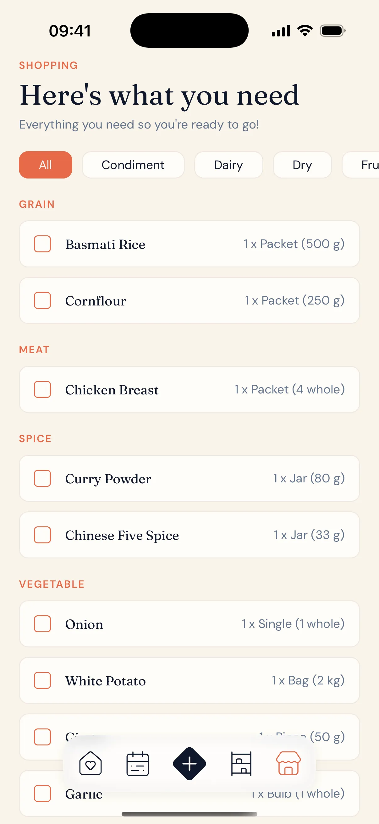 MealMade shopping list screen
